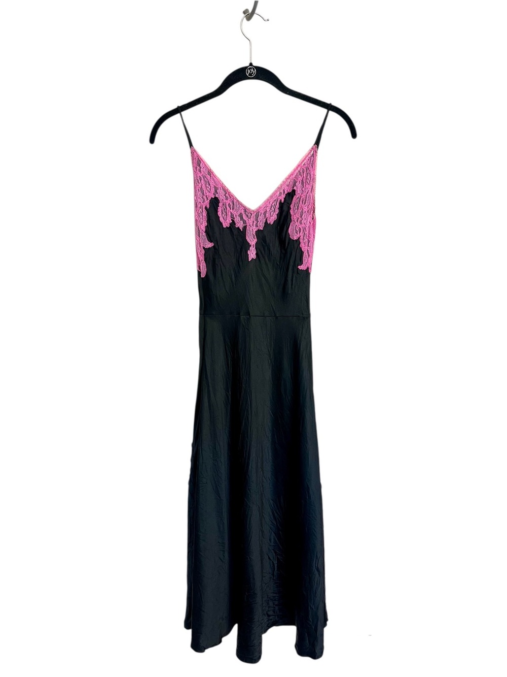 Vintage Betsey Johnson silk satin bias cut black pink lace midi dress coquette - Picture 3 of 14